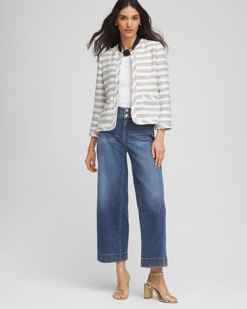 Chico's Sale Ecru Striped Tweed Collarless Box Jacket