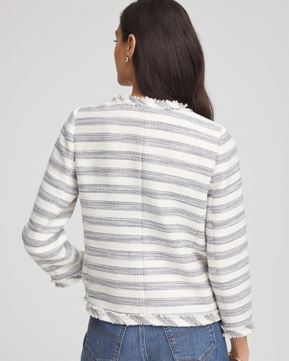 Chico's Sale Ecru Striped Tweed Collarless Box Jacket