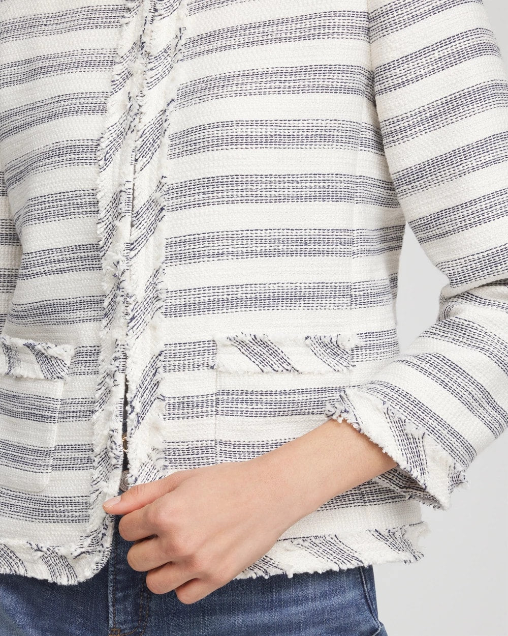 Chico's Sale Ecru Striped Tweed Collarless Box Jacket