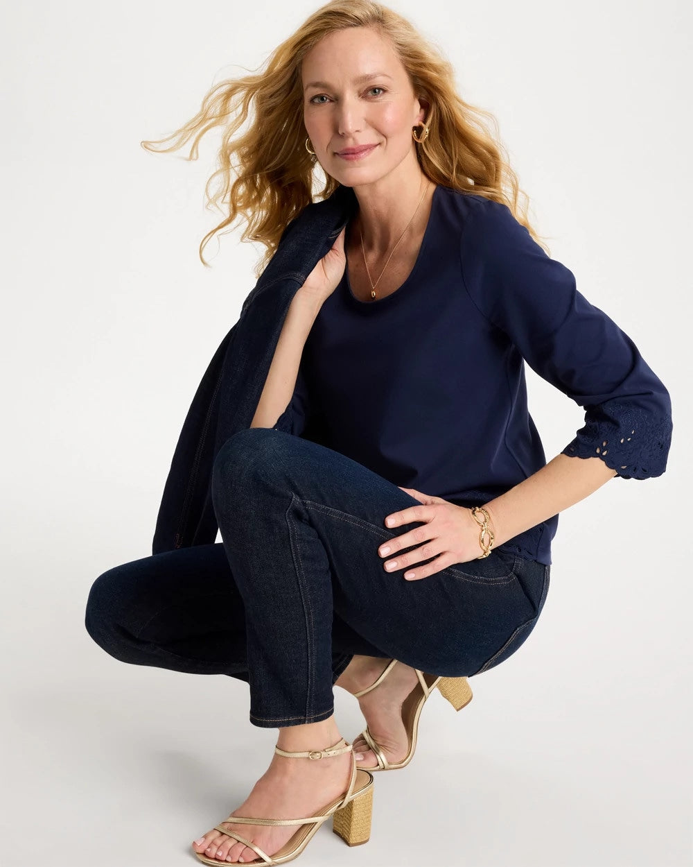 Chico's For Sale Passport Blue Embroidered Hem Top