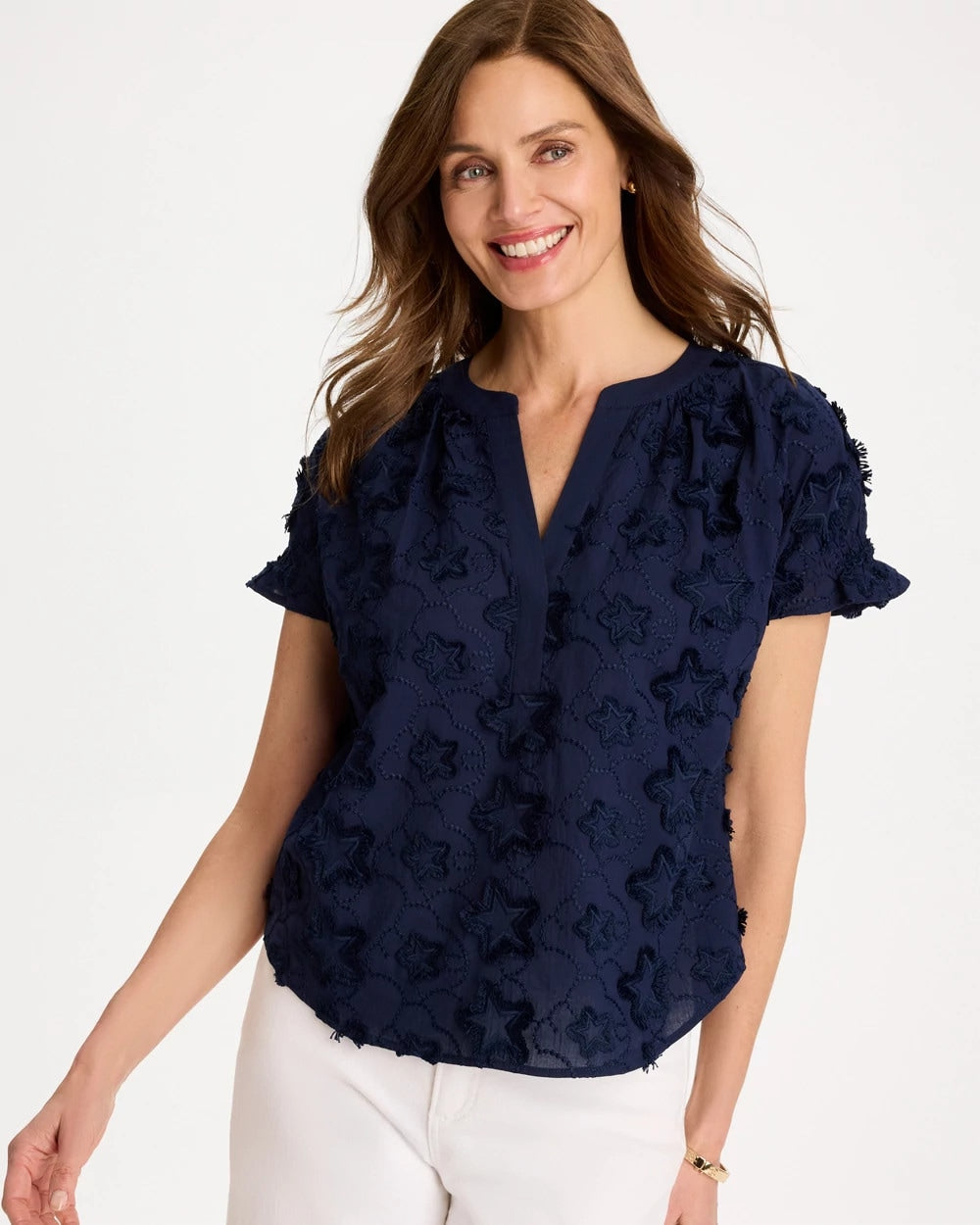 Chico's Sale Passport Blue Cotton Embroidered Americana Star Blouse
