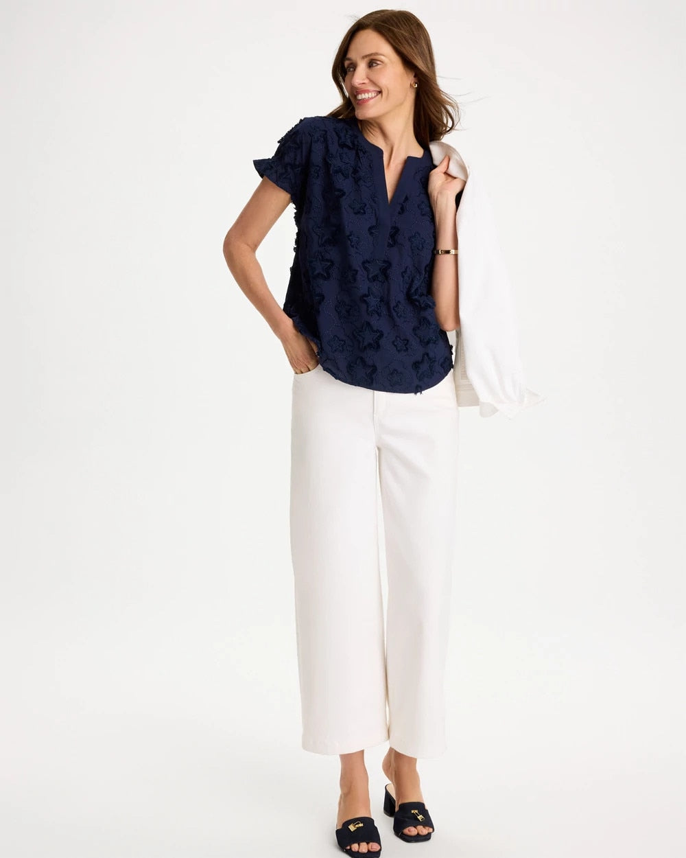 Chico's Sale Passport Blue Cotton Embroidered Americana Star Blouse