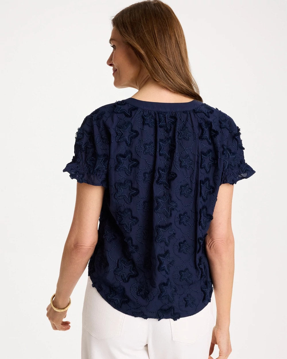 Chico's Sale Passport Blue Cotton Embroidered Americana Star Blouse