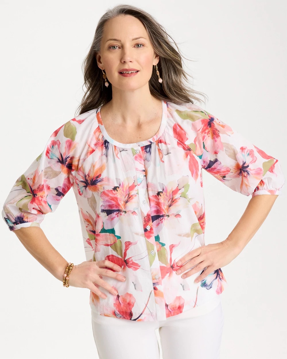 Chico's Discount Calypso Coral Cotton Voile Croix Collage Blouse