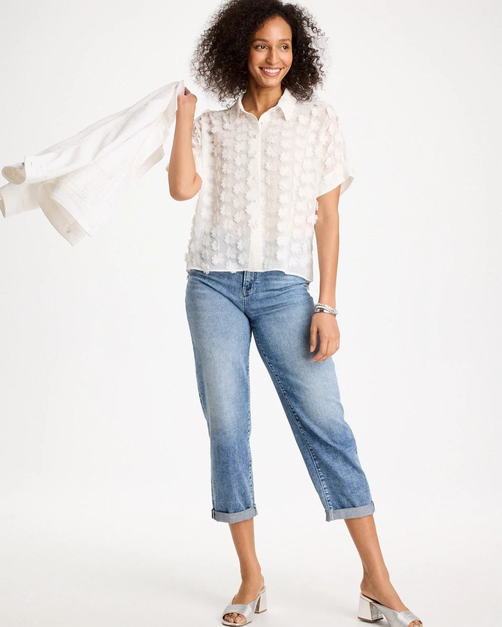 Chico's Outlet Alabaster 3D Floral Chiffon Camp Shirt