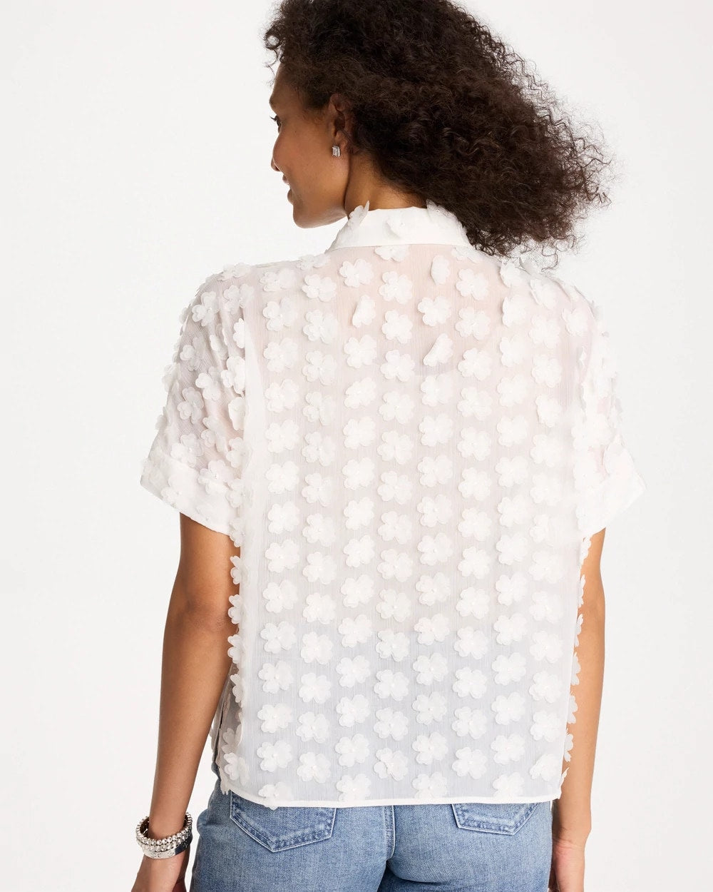 Chico's Outlet Alabaster 3D Floral Chiffon Camp Shirt