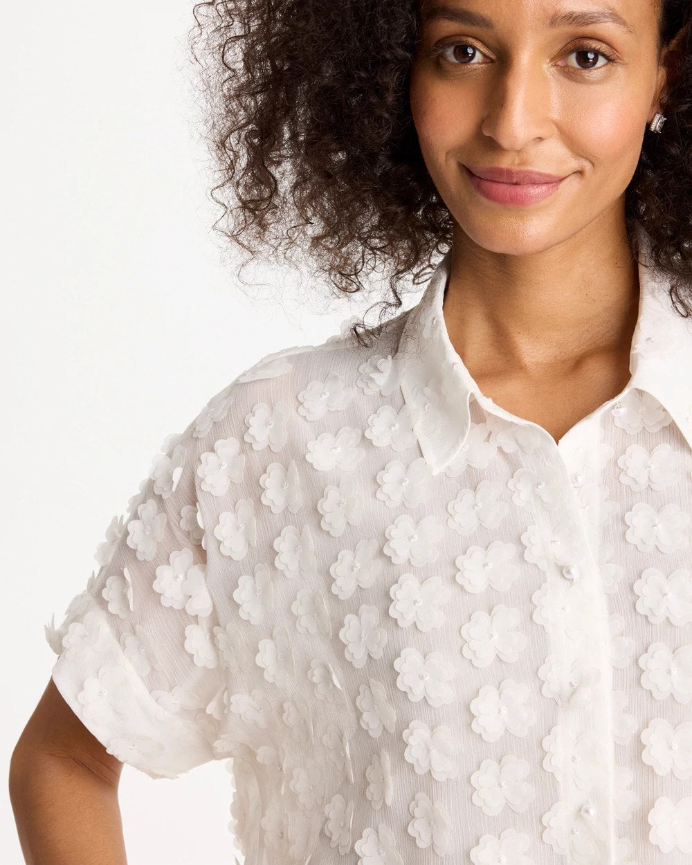 Chico's Outlet Alabaster 3D Floral Chiffon Camp Shirt