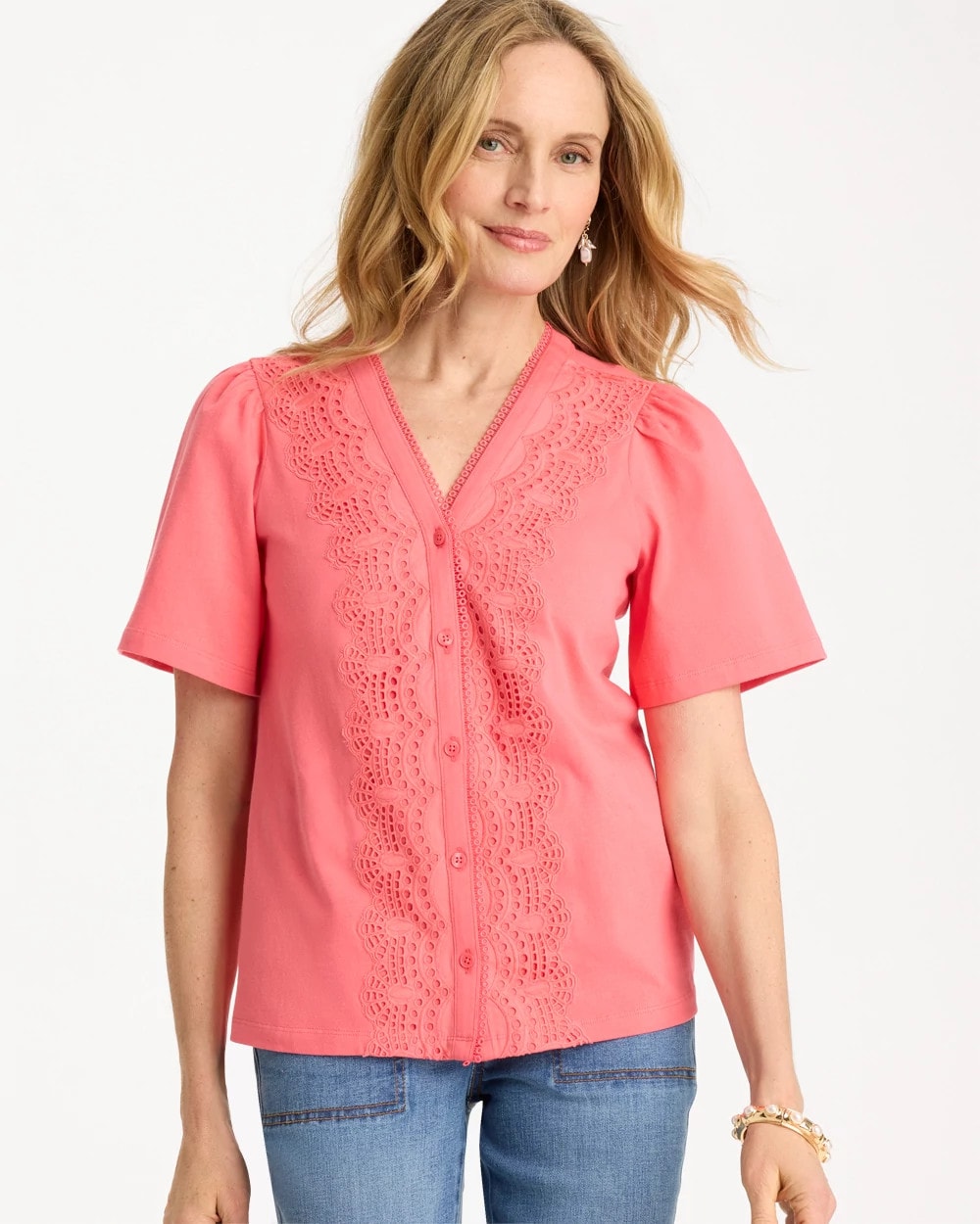 Chico's On Sale Calypso Coral Embroidered Button-Front Tee