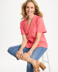 Chico's On Sale Calypso Coral Embroidered Button-Front Tee