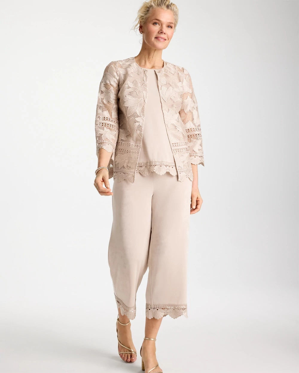 Chico's For Sale Smokey Taupe Travelers™ Lace Trim Cropped Pants