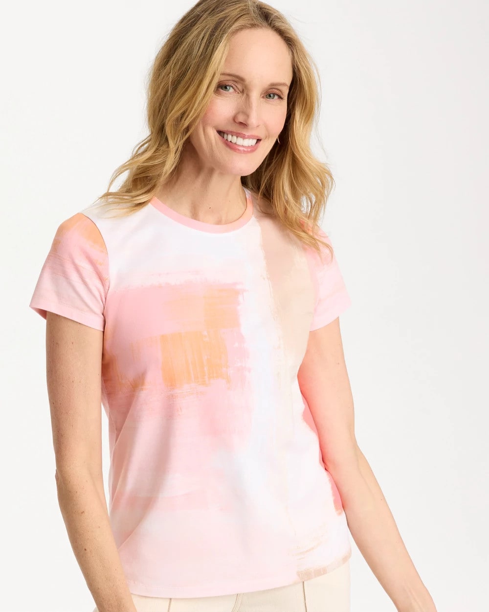 Chico's Outlet Calypso Coral Cotton Stretch Watercolor Cap Sleeve Tee