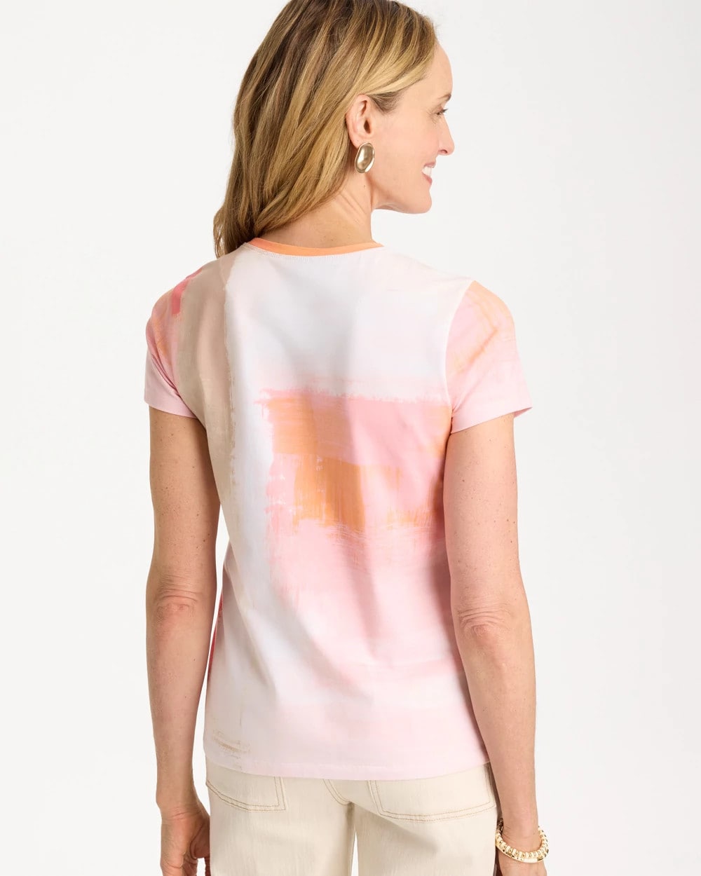 Chico's Outlet Calypso Coral Cotton Stretch Watercolor Cap Sleeve Tee
