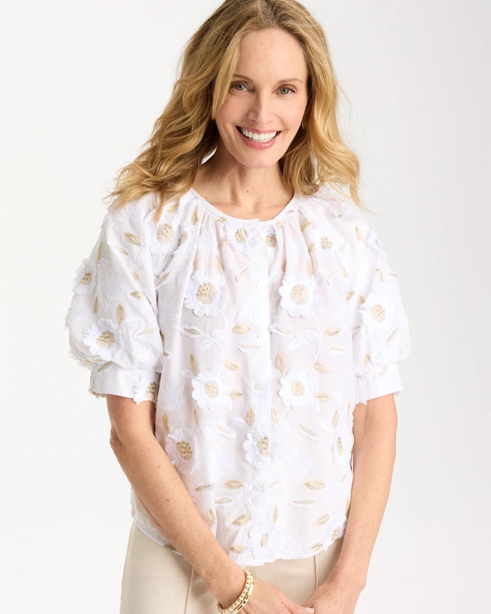 Chico's For Sale Alabaster Cotton Metallic Applique Embroidered Top