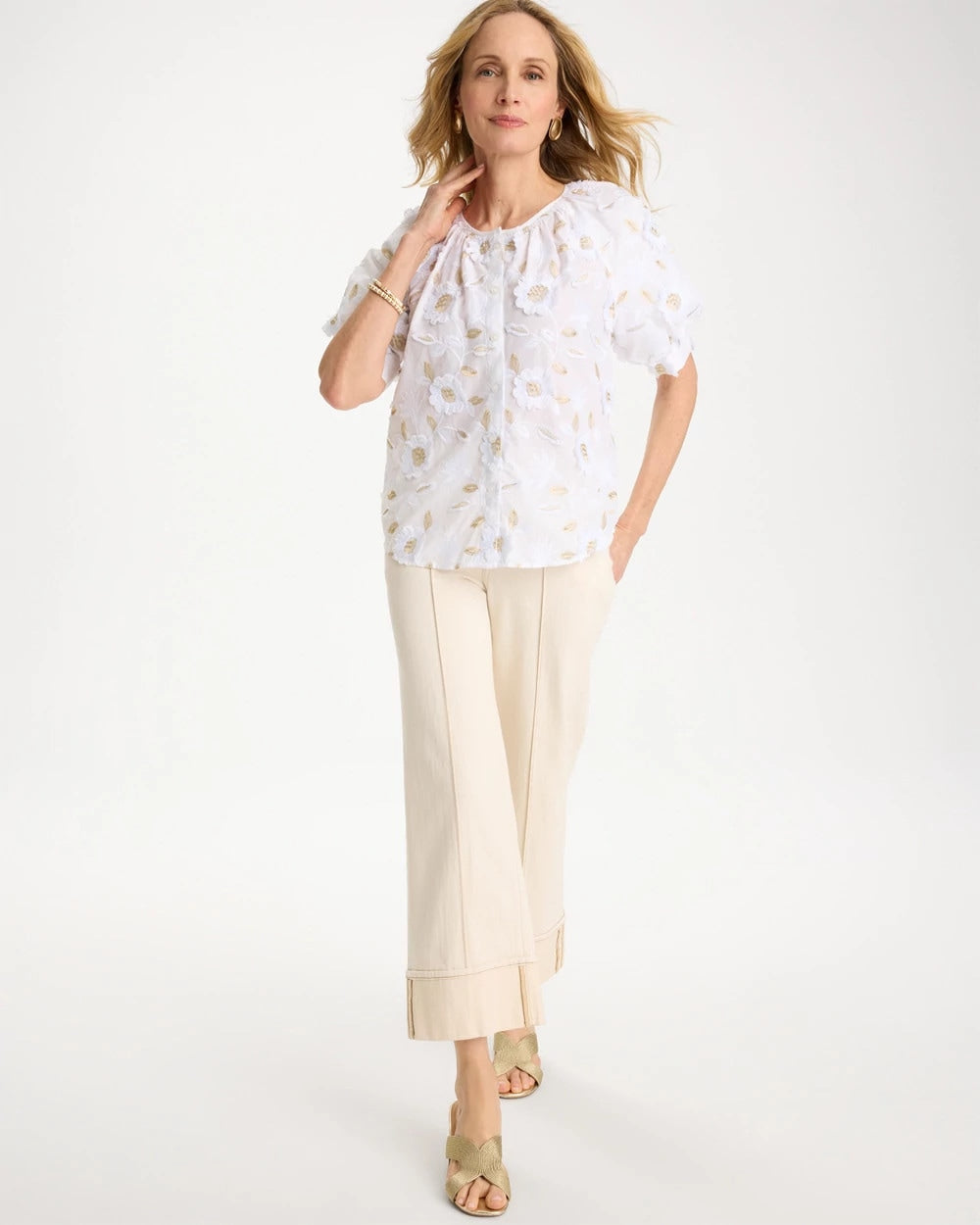 Chico's For Sale Alabaster Cotton Metallic Applique Embroidered Top