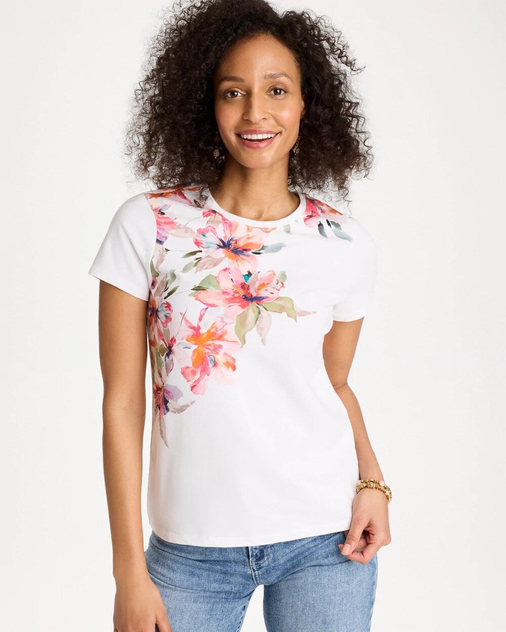 Chico's Discount Calypso Coral Cotton Stretch Ethereal Floral Cap Sleeve Tee