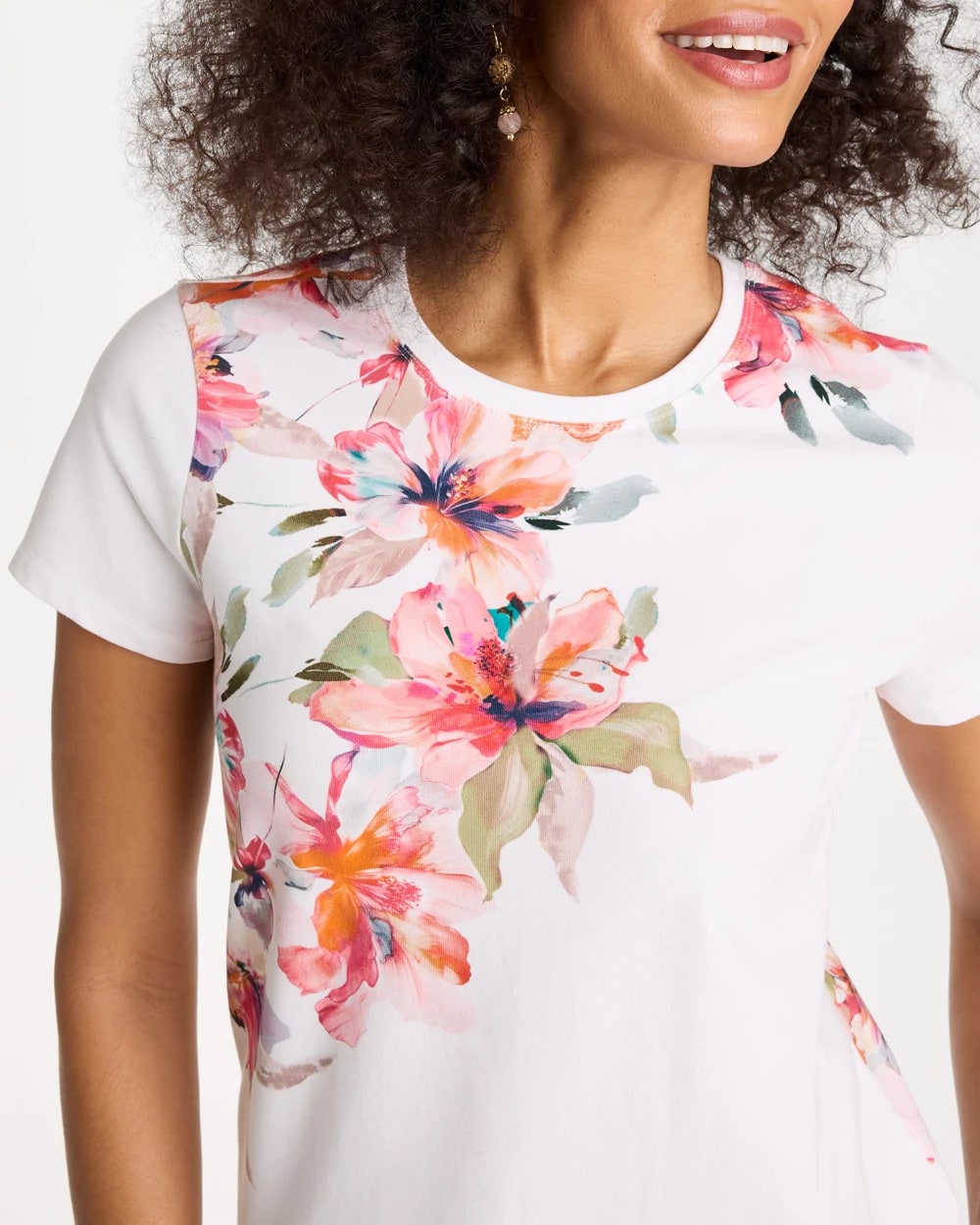Chico's Discount Calypso Coral Cotton Stretch Ethereal Floral Cap Sleeve Tee