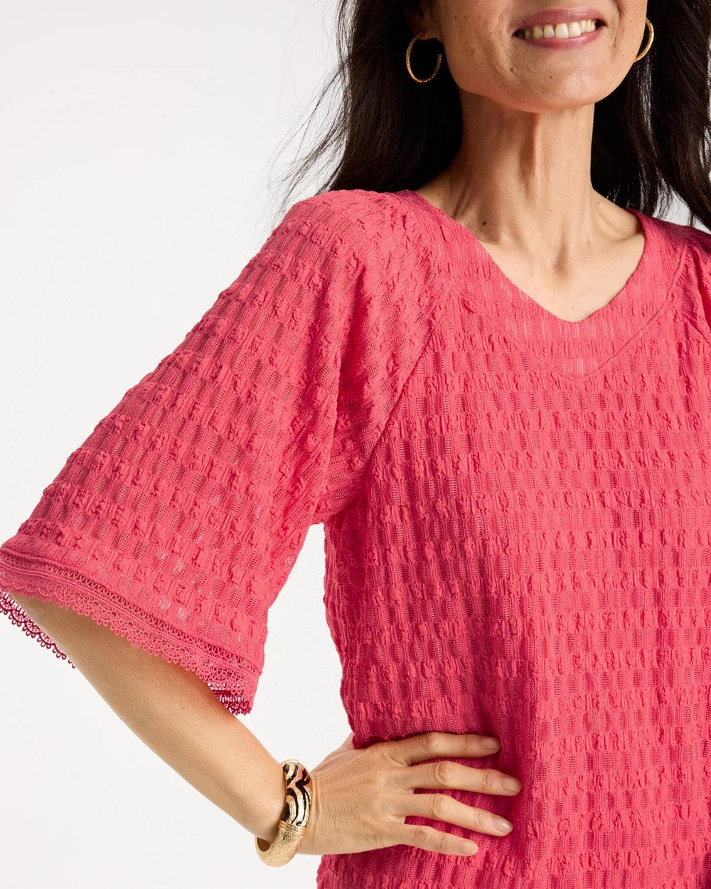 Chico's For Sale Calypso Coral Crinkle Lace Knit Raglan Tee