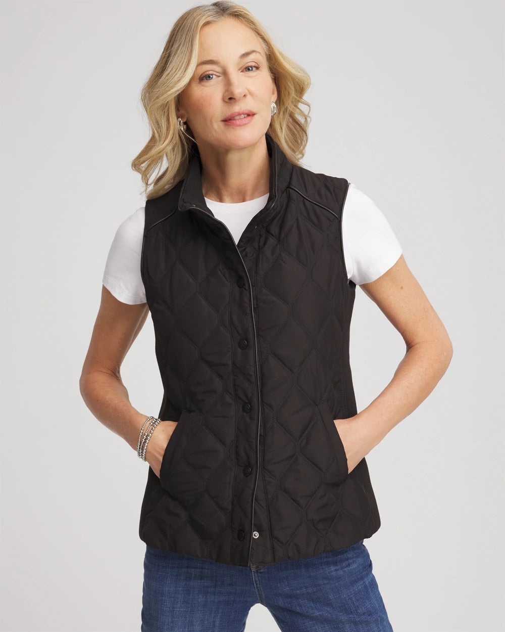 Chico's Outlet Black Rib Trim Quilted Vest
