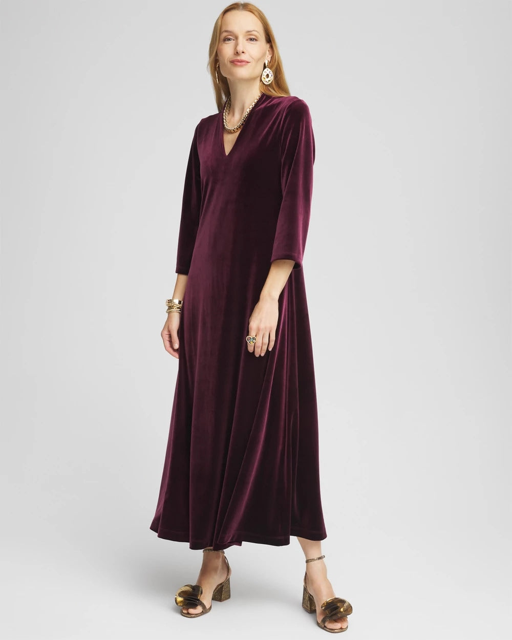 Chico's On Sale Deep Raisin V-Neck Velour Midi Dress