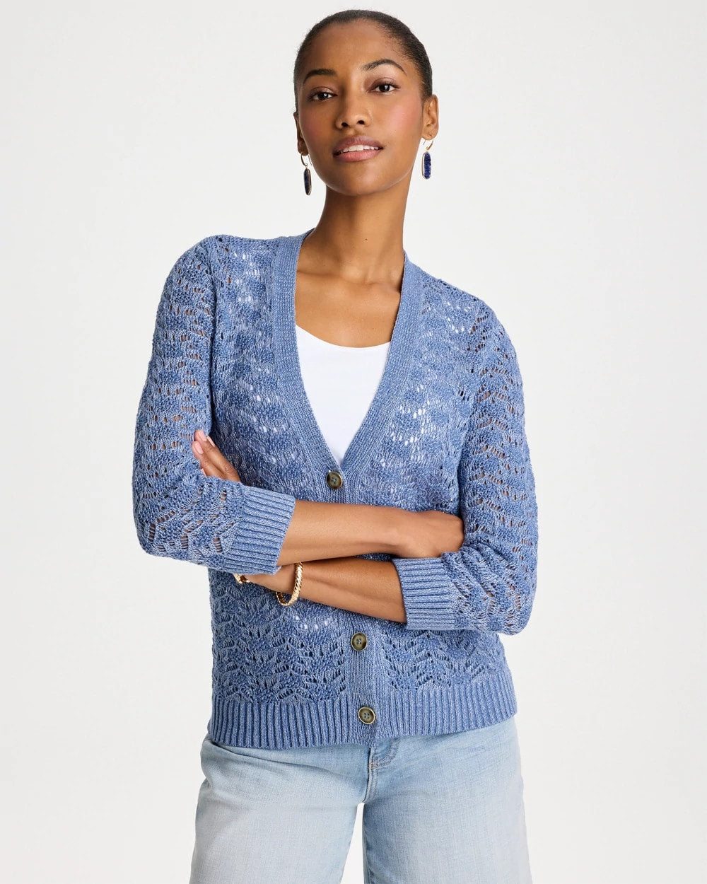 Chico's Outlet Denim Crochet Knit Pointelle Cardigan