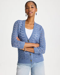 Chico's Outlet Denim Crochet Knit Pointelle Cardigan