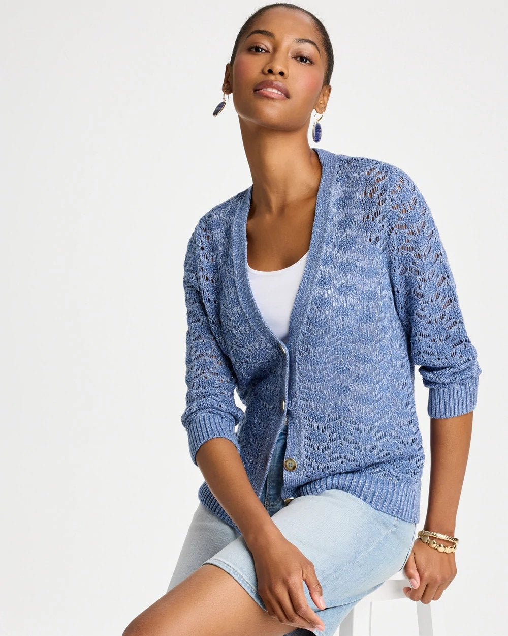 Chico's Outlet Denim Crochet Knit Pointelle Cardigan