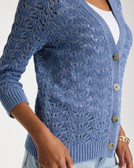 Chico's Outlet Denim Crochet Knit Pointelle Cardigan