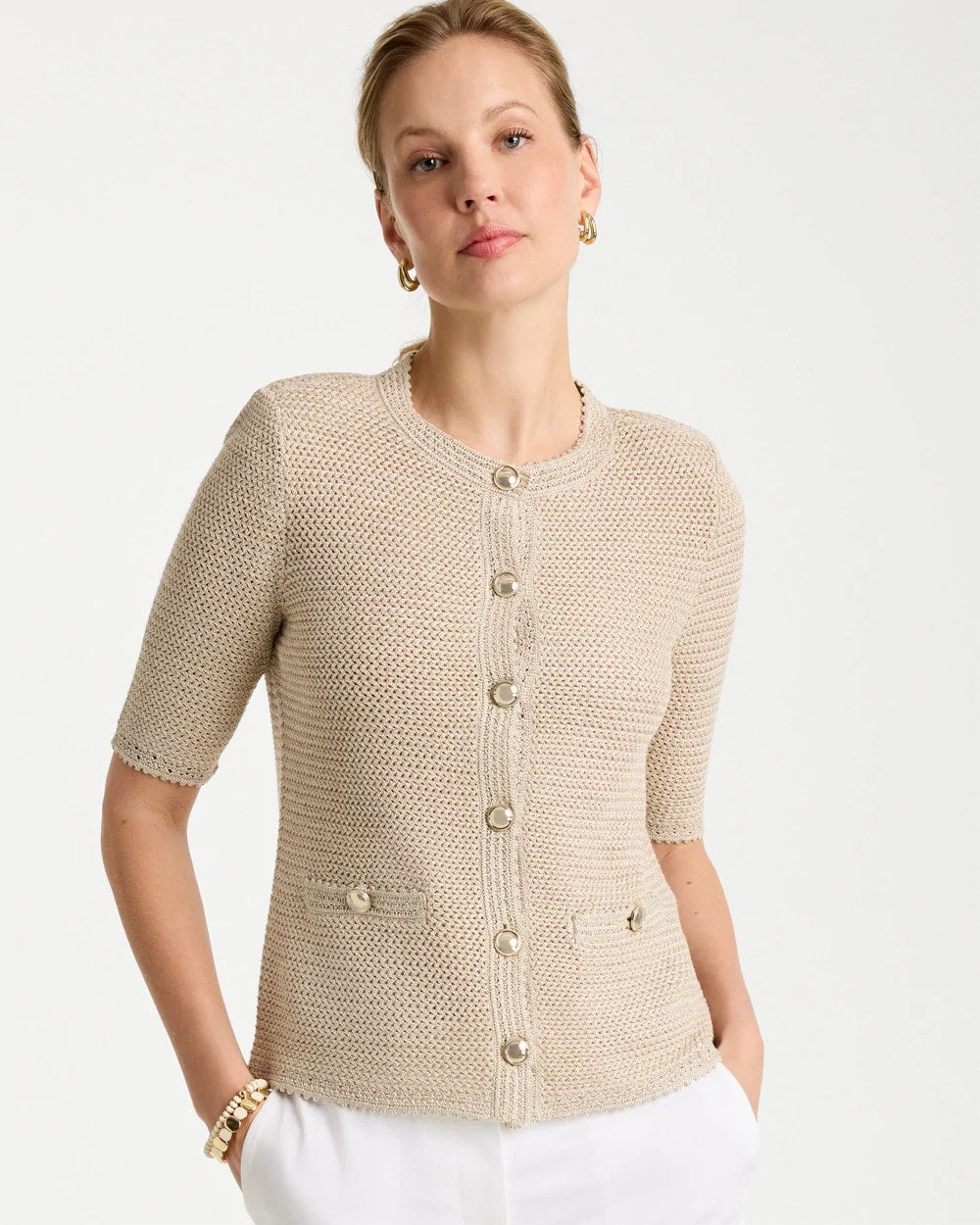 Chico's For Sale Gold Metallic Lady Jacket Cardigan