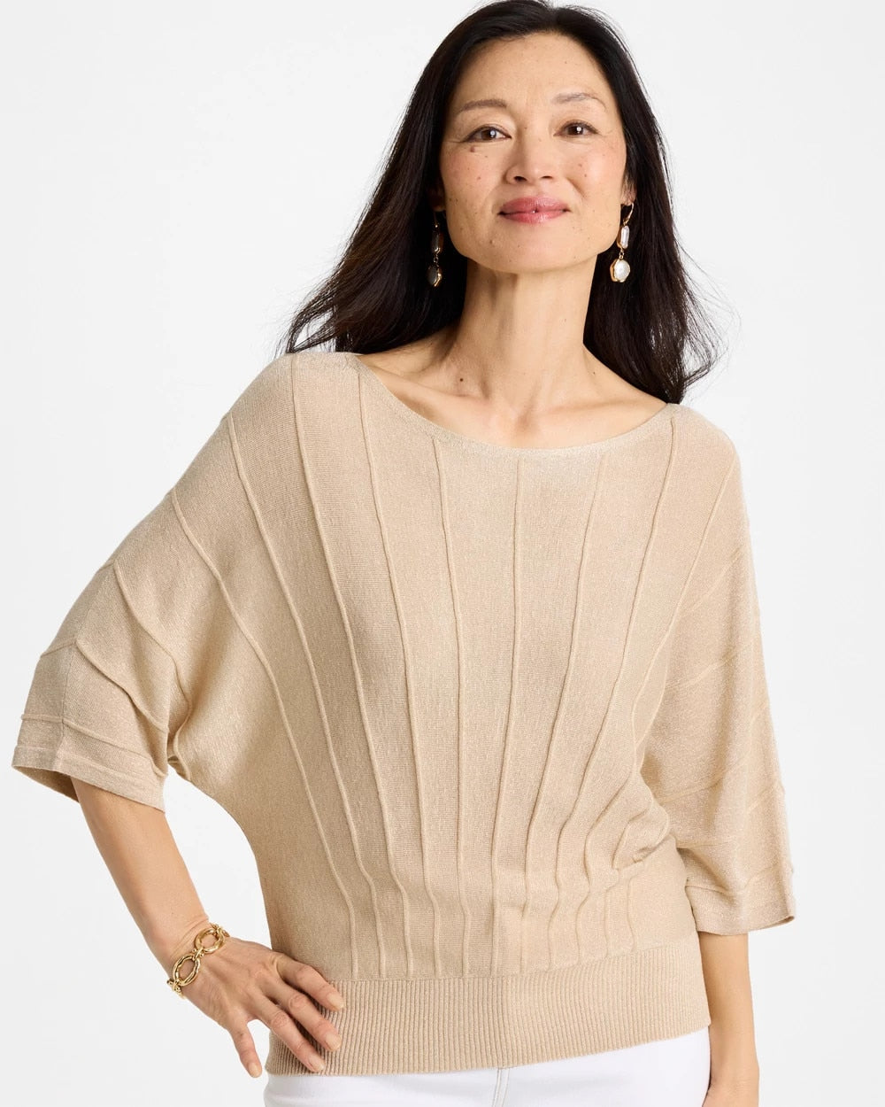 Chico's Outlet Ecru Metallic Pleated Dolman Pullover Sweater