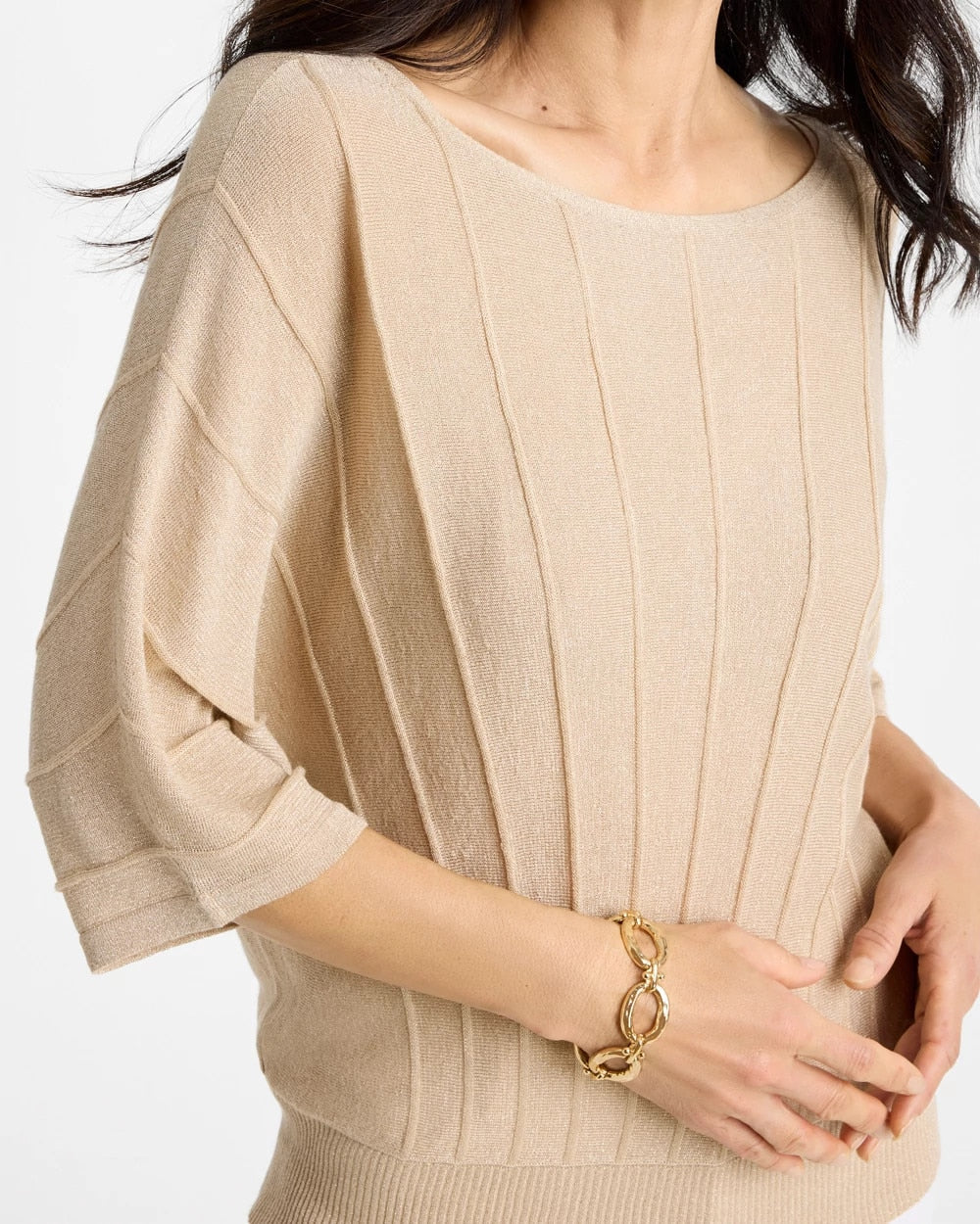 Chico's Outlet Ecru Metallic Pleated Dolman Pullover Sweater
