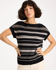 Chico's Discount Black Striped Mesh Stitch Pullover Sweater
