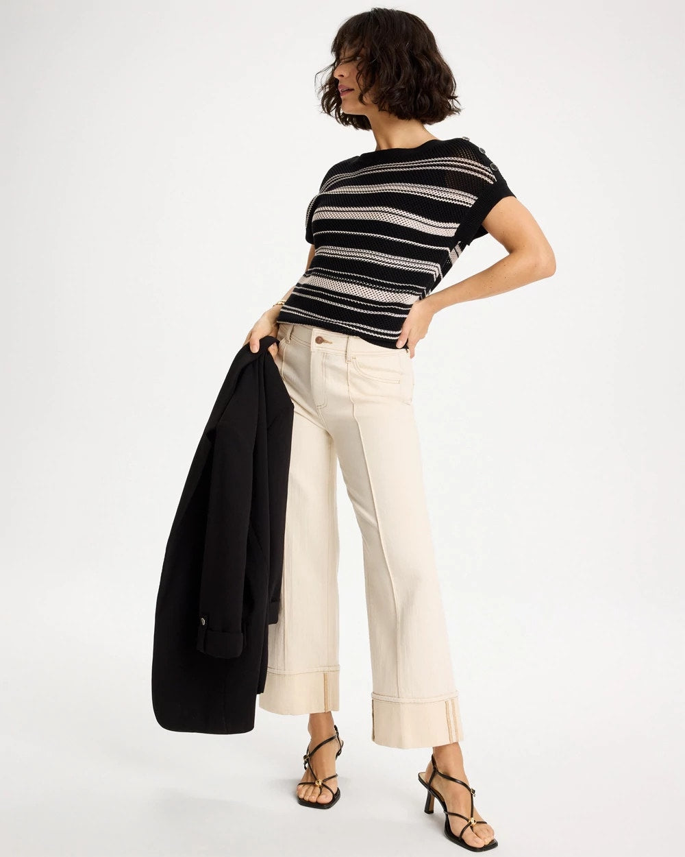 Chico's Discount Black Striped Mesh Stitch Pullover Sweater