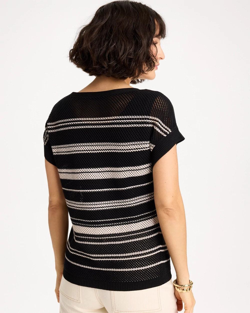 Chico's Discount Black Striped Mesh Stitch Pullover Sweater