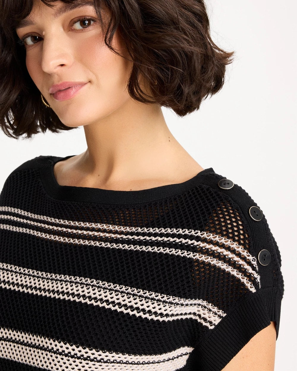 Chico's Discount Black Striped Mesh Stitch Pullover Sweater