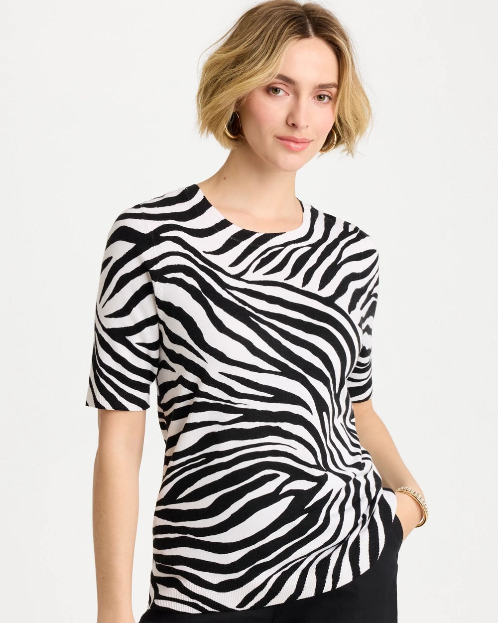 Chico's Sale Black Ella Zebra Crewneck Pullover Sweater