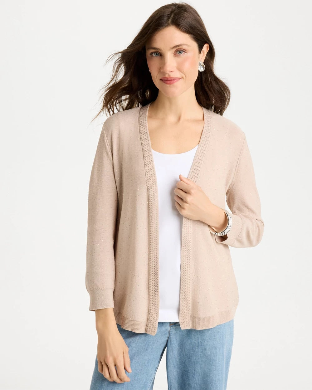 Chico's Outlet Smokey Taupe Sequined Summer Romance Cardigan