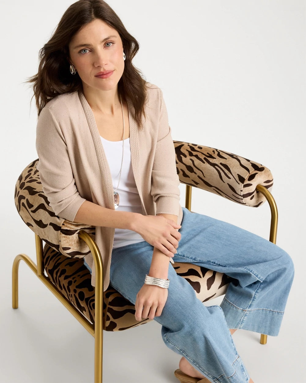 Chico's Outlet Smokey Taupe Sequined Summer Romance Cardigan