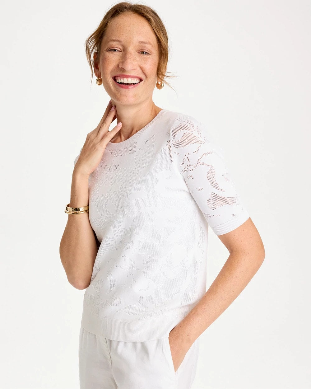 Chico's Discount Alabaster Ella Short-Sleeve Pointelle Sweater