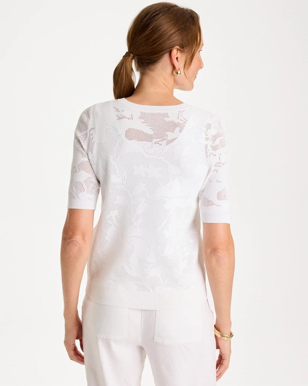 Chico's Discount Alabaster Ella Short-Sleeve Pointelle Sweater