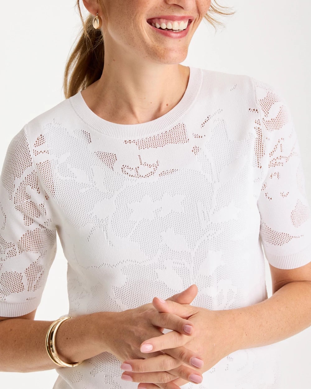 Chico's Discount Alabaster Ella Short-Sleeve Pointelle Sweater