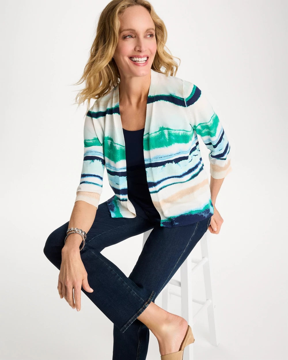 Chico's Outlet Green Clover Grotto Striped Summer Romance Cardigan