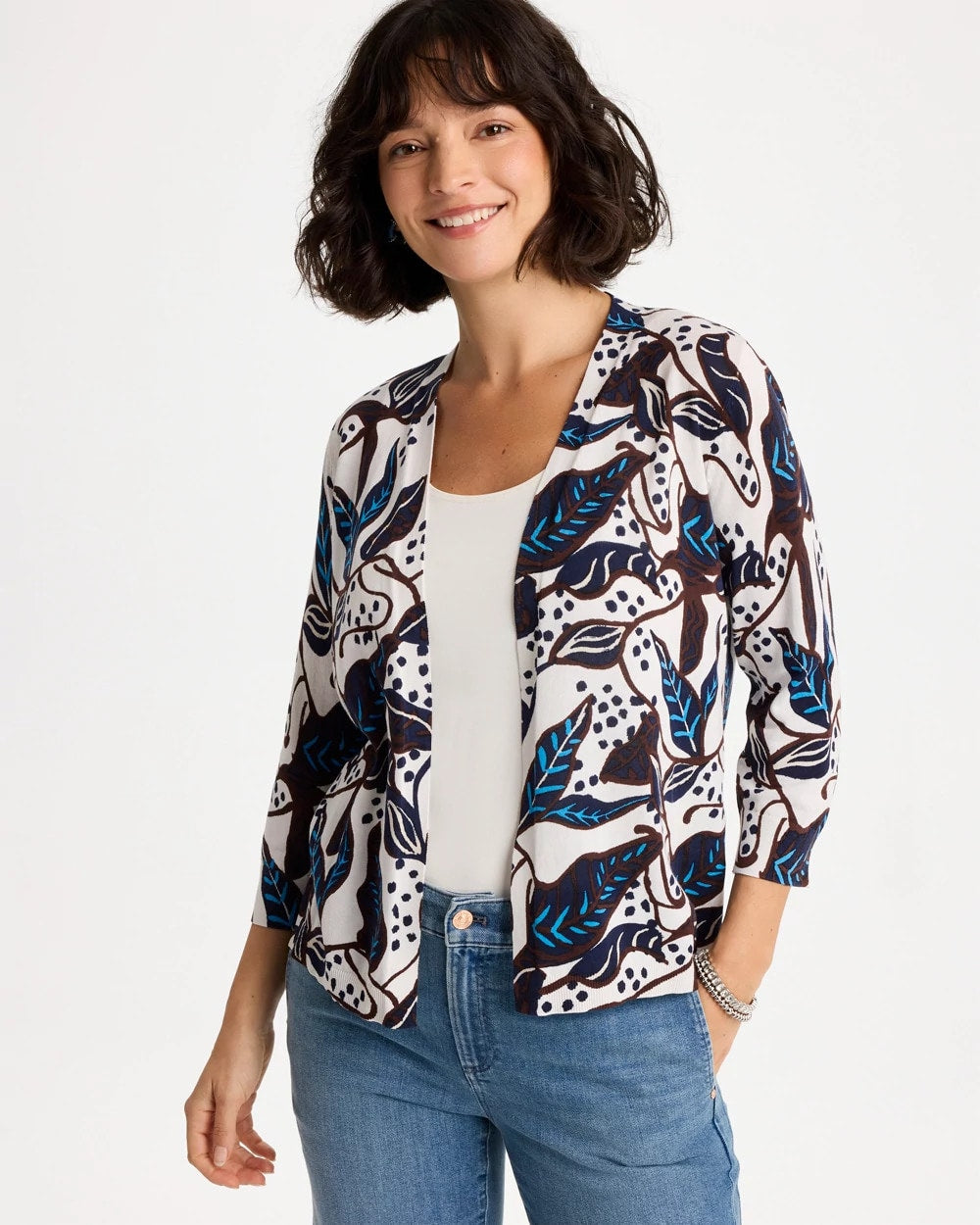 Chico's Discount Deep Brown Printed Summer Romance Cardigan