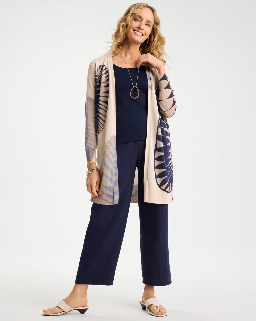 Chico's Sale Ecru Long Leaf Print Summer Romance Cardigan