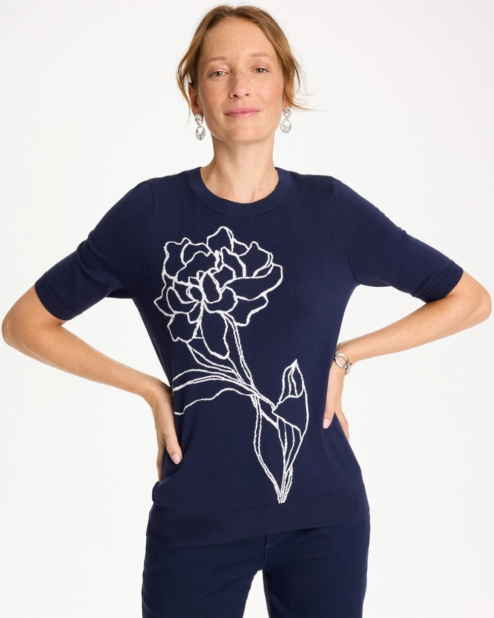 Chico's For Sale Passport Blue Ella Short-Sleeve Floral Sweater