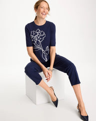 Chico's For Sale Passport Blue Ella Short-Sleeve Floral Sweater