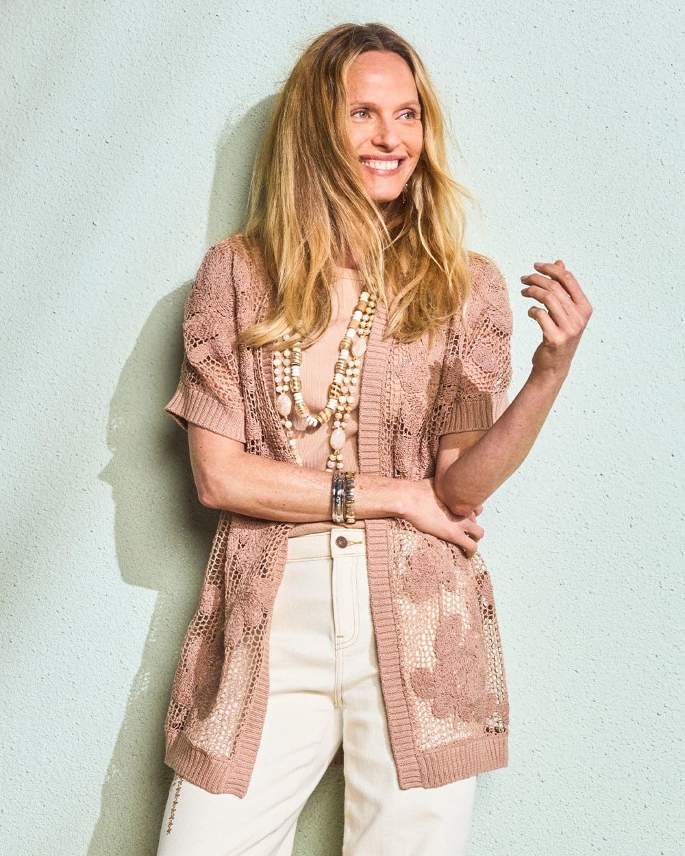 Chico's Online Mocha Mousse Cotton-Blend Crochet Cocoon Cardigan