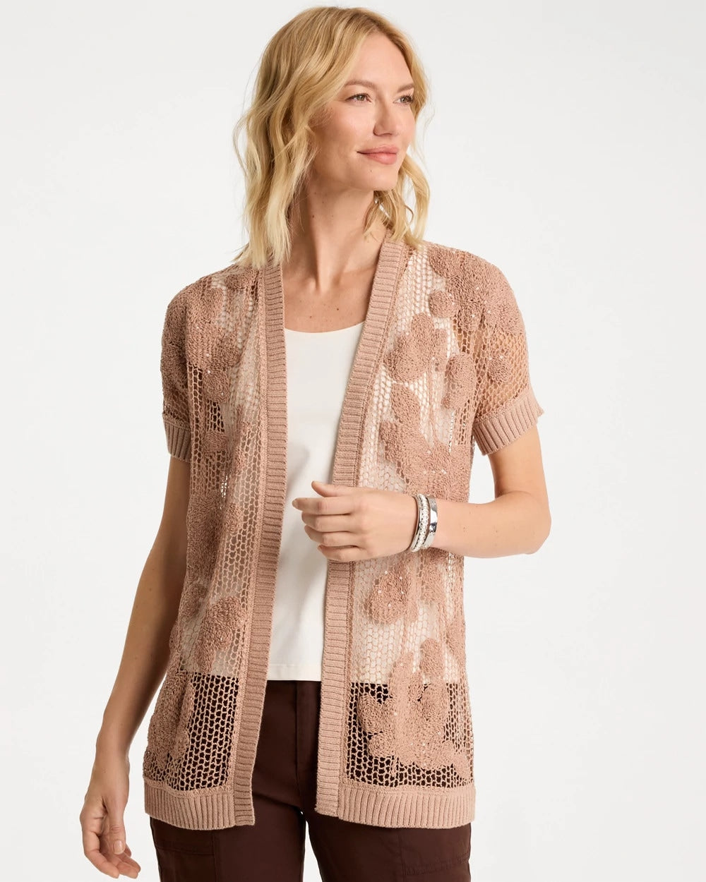 Chico's Online Mocha Mousse Cotton-Blend Crochet Cocoon Cardigan