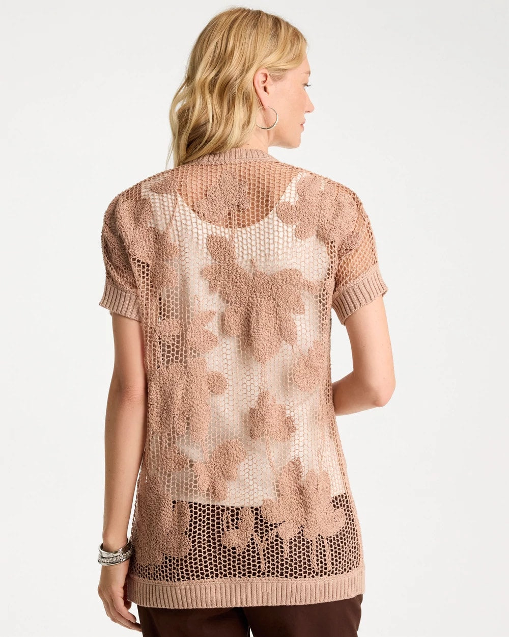 Chico's Online Mocha Mousse Cotton-Blend Crochet Cocoon Cardigan