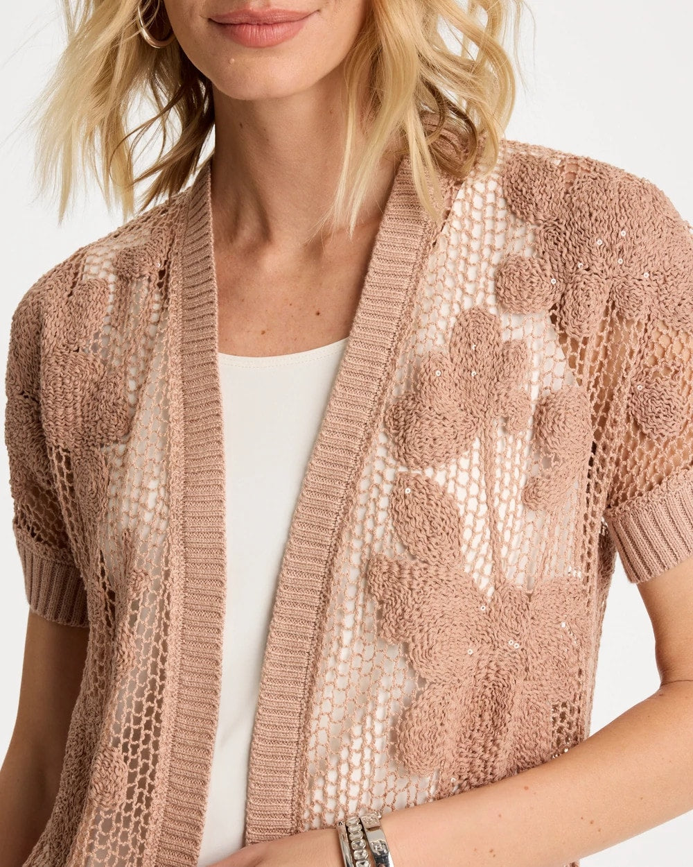 Chico's Online Mocha Mousse Cotton-Blend Crochet Cocoon Cardigan