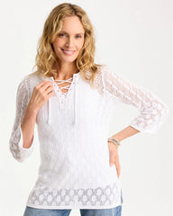 Chico's Discount Alabaster Cotton-Linen Lace Notch-Neck Sweater